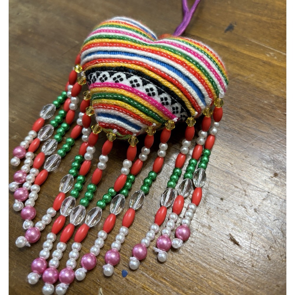 Noonday Collection H'mong Heart Bag Purse Charm Beaded Tassels Vibrant Colorful